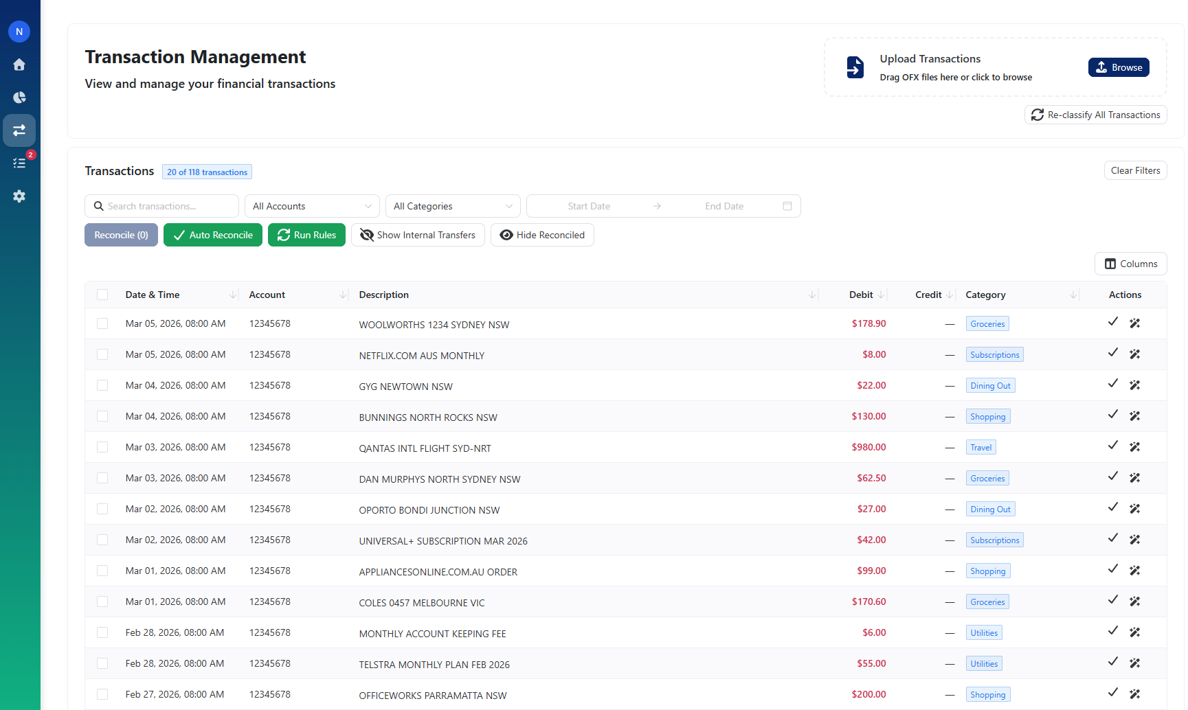 Juniie transactions view — all accounts in one list